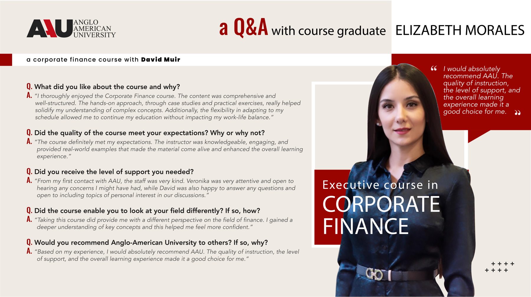 Corporate Finance testimonial by Elizabeth Morales